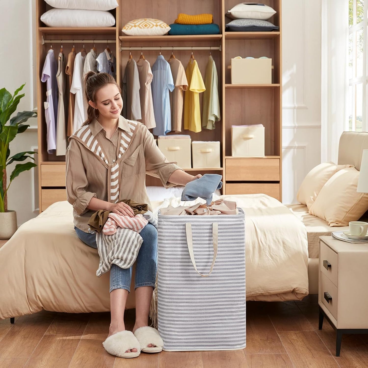 Laundry Hamper Large Collapsible Laundry Basket, Freestanding Waterproof Clothes Hamper Storage with Easy Carry Handles for Clothes in Bedroom Bathroom College Dorm for Adults, Gray, 80L