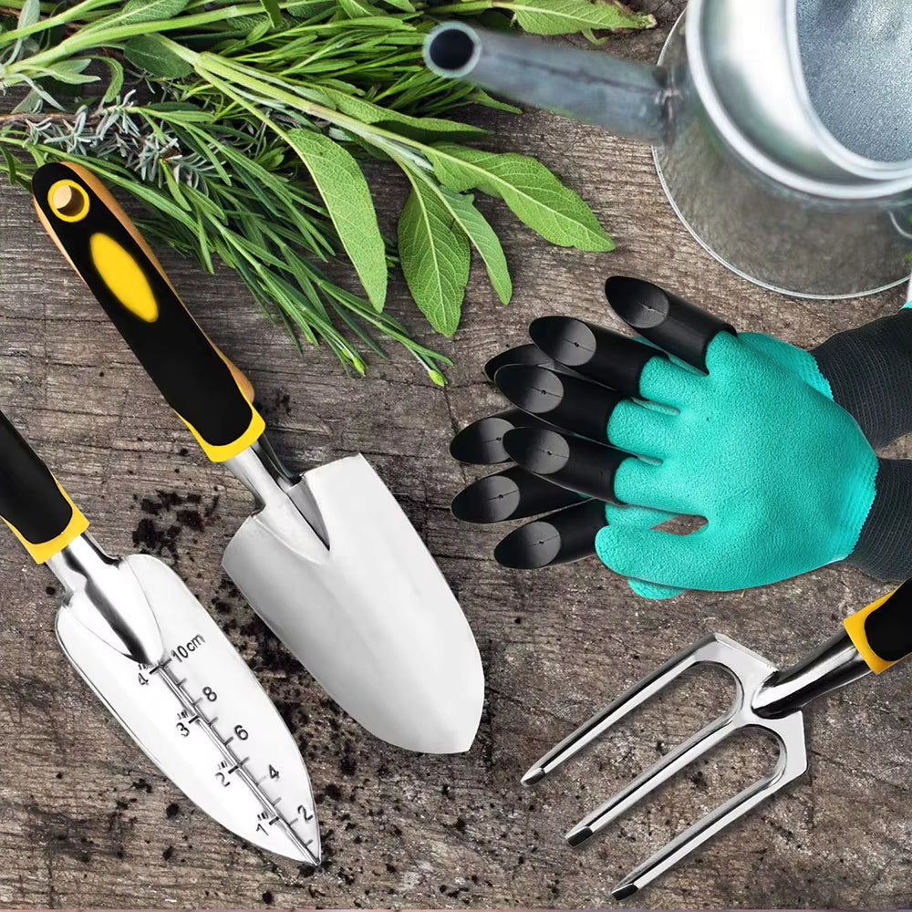 Garden Tool Set 4 Pack with Trowel, Cultivator Hand Rake, Transplant Trowel, Gardening Gloves for Weeding, Loosening Soil