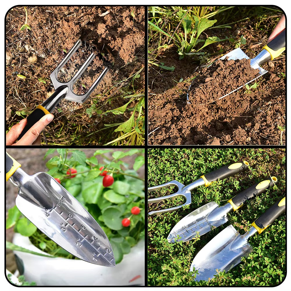 Garden Tool Set 4 Pack with Trowel, Cultivator Hand Rake, Transplant Trowel, Gardening Gloves for Weeding, Loosening Soil