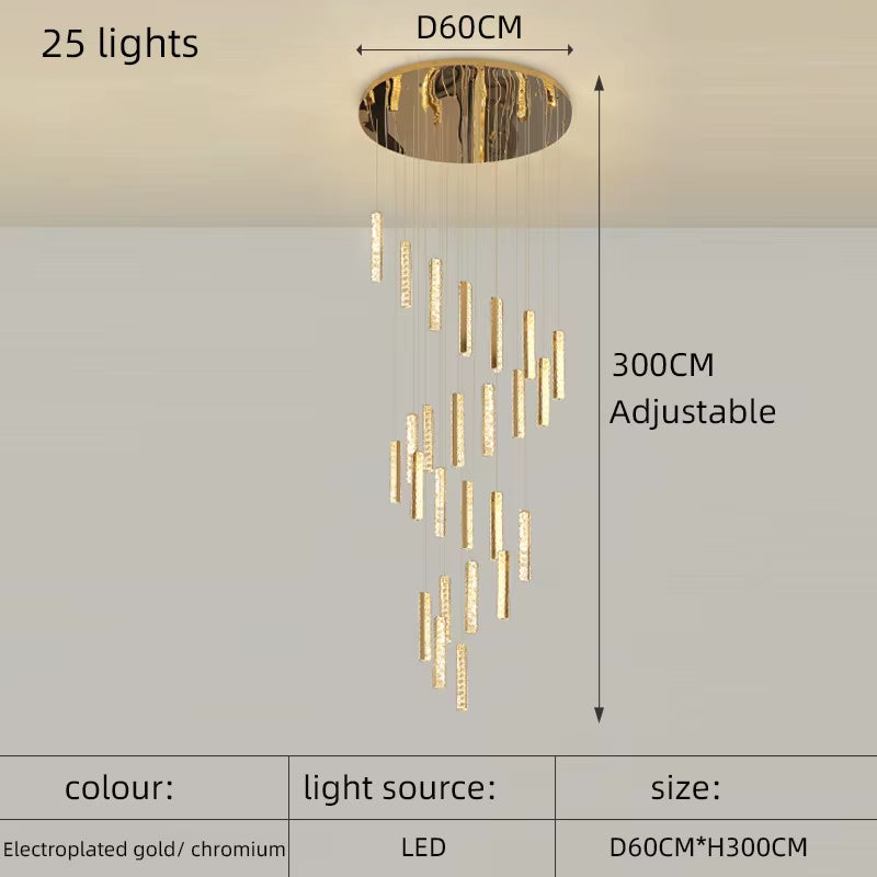 Modern Luxury Golden Silver LED Crystal Chandelier Nordic Duplex Building Spiral Staircase Chandelier Dining Room Art Chandelier