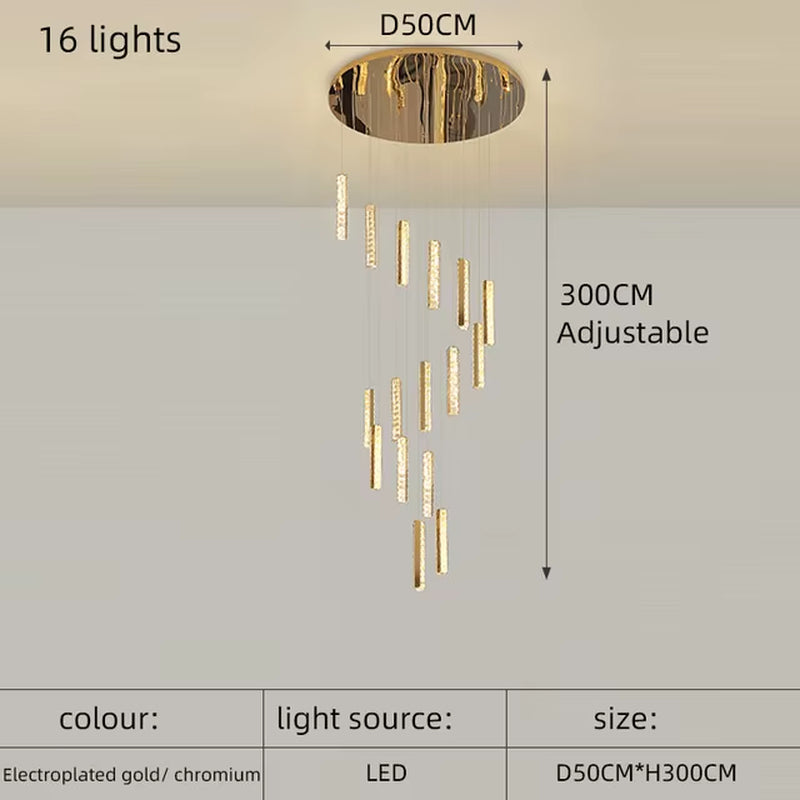 Modern Luxury Golden Silver LED Crystal Chandelier Nordic Duplex Building Spiral Staircase Chandelier Dining Room Art Chandelier