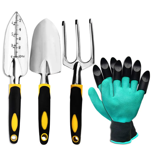 Garden Tool Set 4 Pack with Trowel, Cultivator Hand Rake, Transplant Trowel, Gardening Gloves for Weeding, Loosening Soil