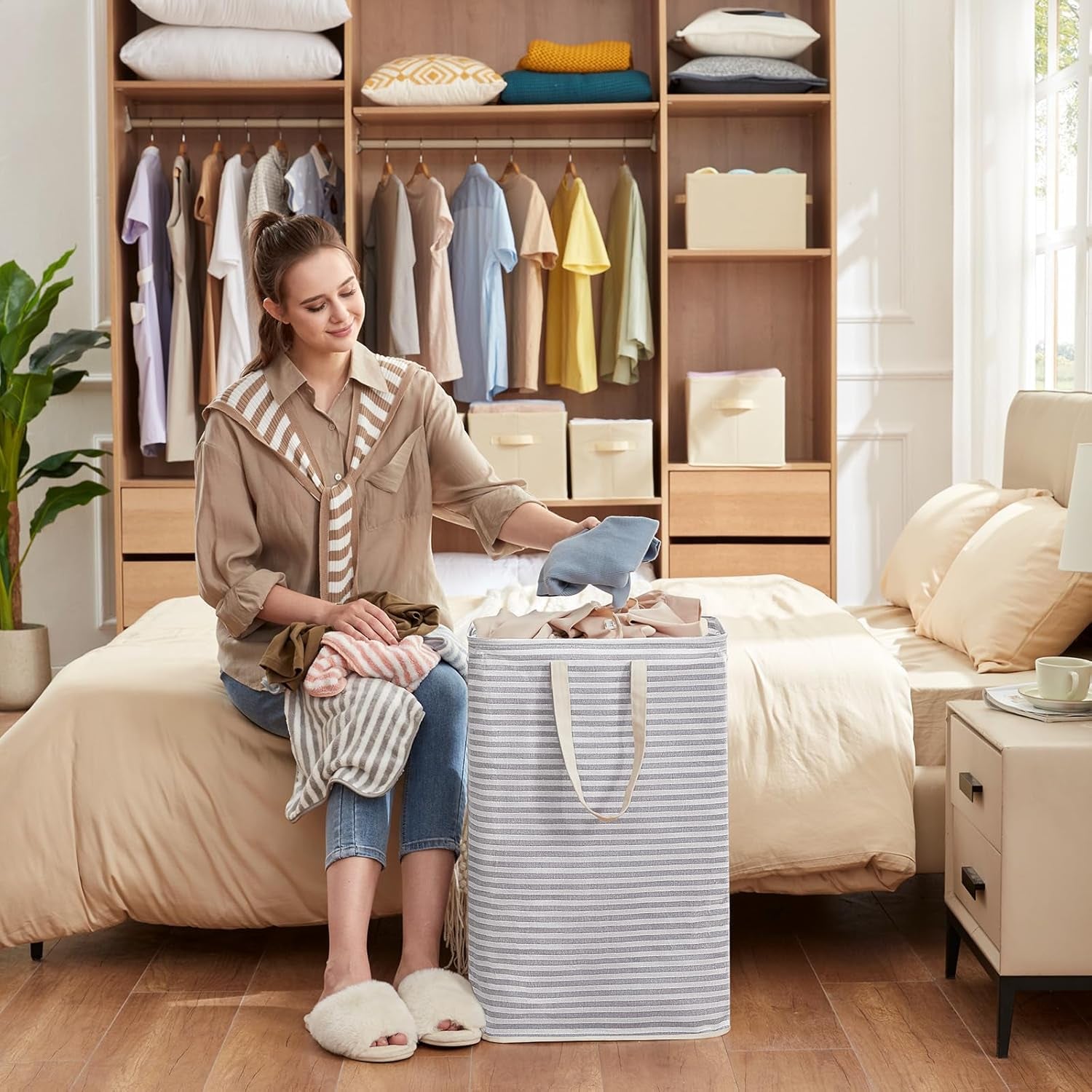 Laundry Hamper Large Collapsible Laundry Basket, Freestanding Waterproof Clothes Hamper Storage with Easy Carry Handles for Clothes in Bedroom Bathroom College Dorm for Adults, Gray, 80L