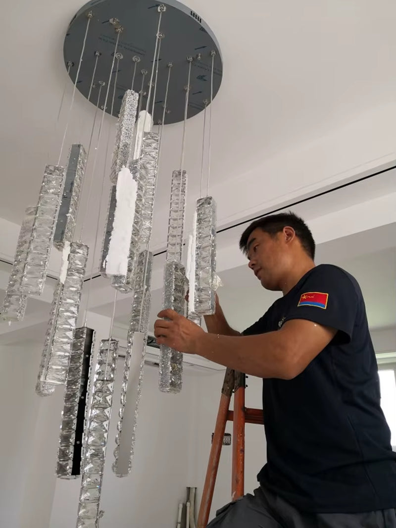 Modern Luxury Golden Silver LED Crystal Chandelier Nordic Duplex Building Spiral Staircase Chandelier Dining Room Art Chandelier