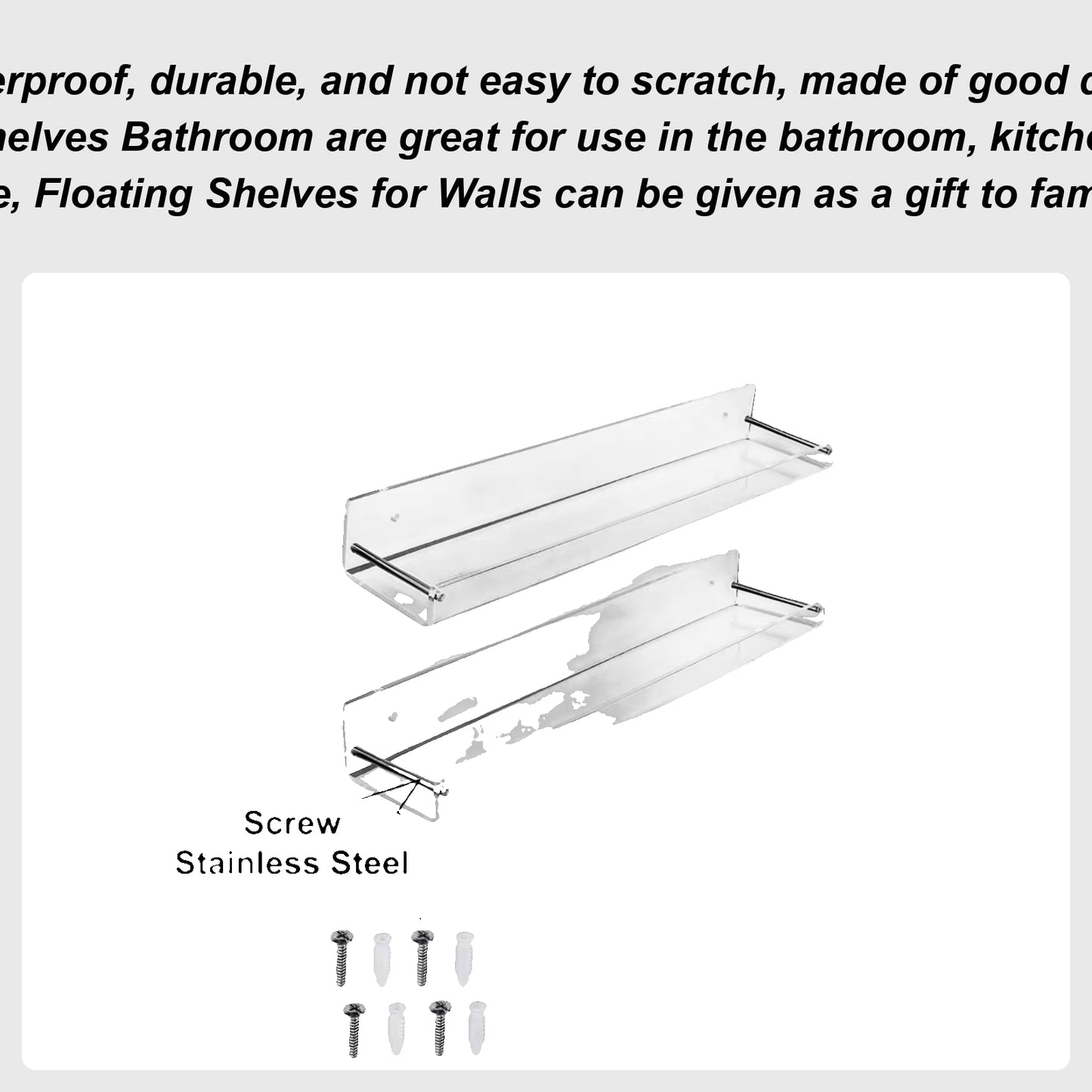 2Pcs Acrylic Floating Shelves Transparent Bathroom Wall Shelf Office Bookshelf for Bathroom Kitchen Bedroom