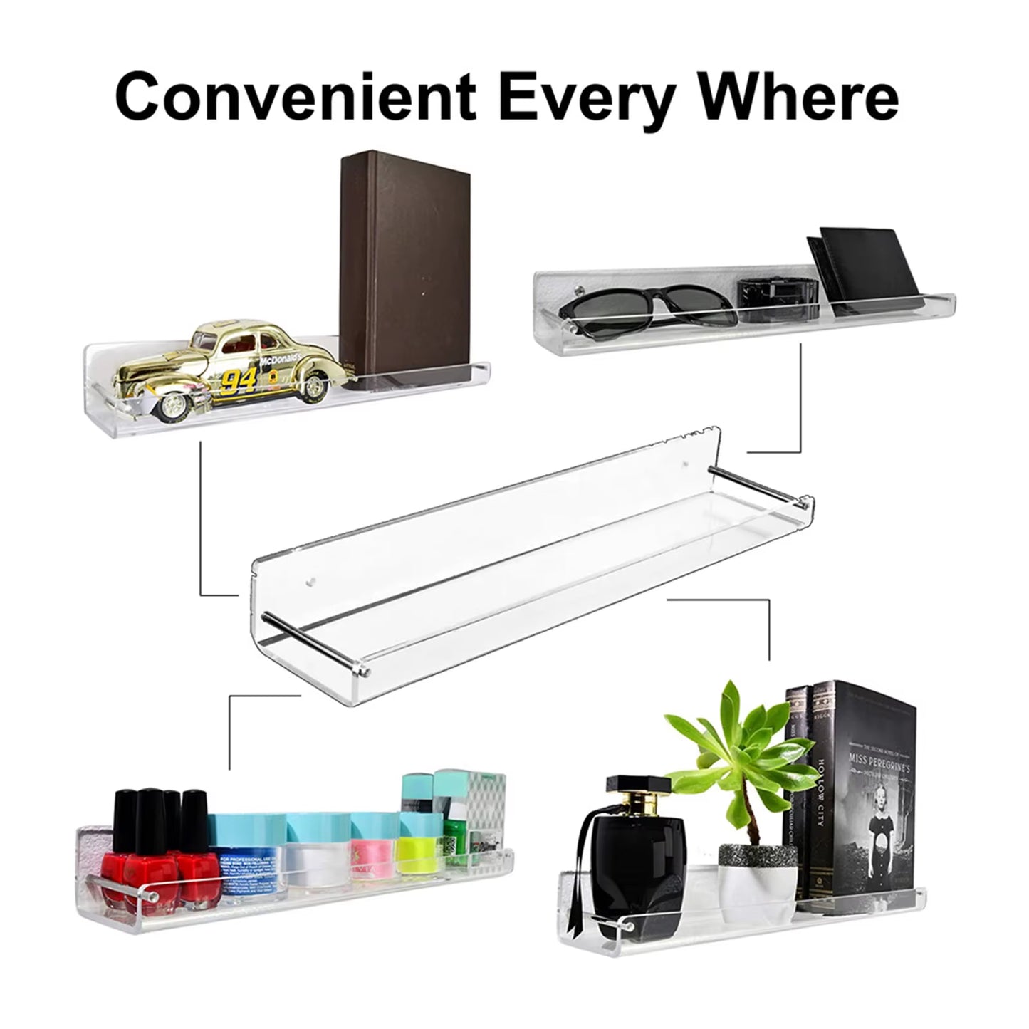 2Pcs Acrylic Floating Shelves Transparent Bathroom Wall Shelf Office Bookshelf for Bathroom Kitchen Bedroom