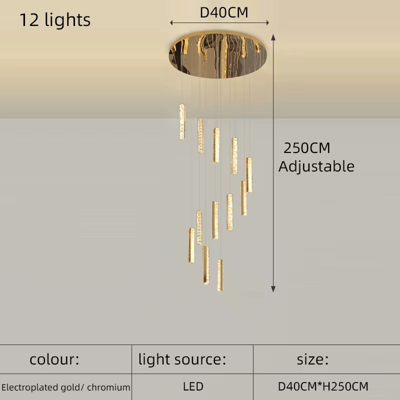 Modern Luxury Golden Silver LED Crystal Chandelier Nordic Duplex Building Spiral Staircase Chandelier Dining Room Art Chandelier