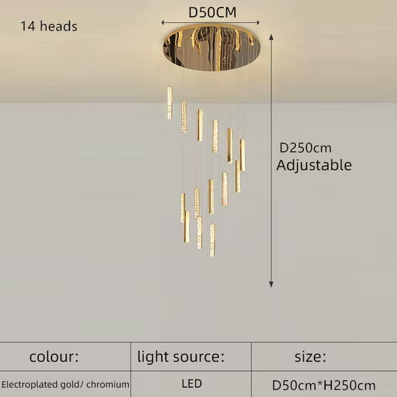 Modern Luxury Golden Silver LED Crystal Chandelier Nordic Duplex Building Spiral Staircase Chandelier Dining Room Art Chandelier