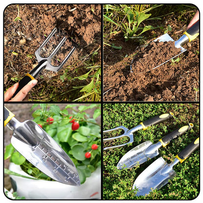 Garden Tool Set 4 Pack with Trowel, Cultivator Hand Rake, Transplant Trowel, Gardening Gloves for Weeding, Loosening Soil