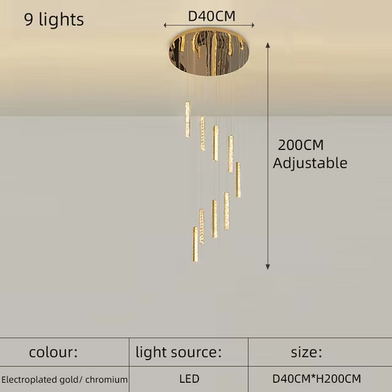 Modern Luxury Golden Silver LED Crystal Chandelier Nordic Duplex Building Spiral Staircase Chandelier Dining Room Art Chandelier