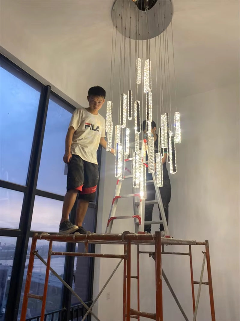 Modern Luxury Golden Silver LED Crystal Chandelier Nordic Duplex Building Spiral Staircase Chandelier Dining Room Art Chandelier