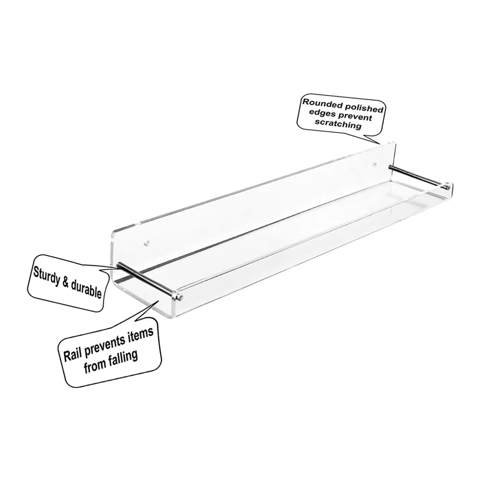 2Pcs Acrylic Floating Shelves Transparent Bathroom Wall Shelf Office Bookshelf for Bathroom Kitchen Bedroom