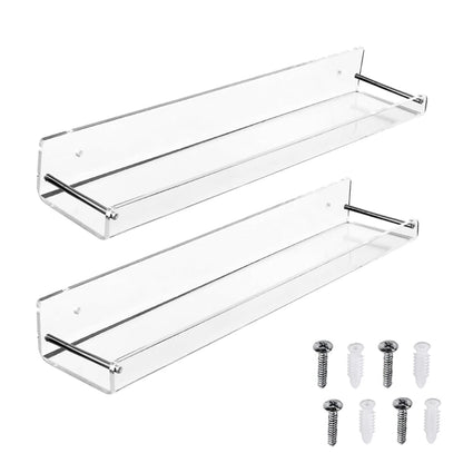 2Pcs Acrylic Floating Shelves Transparent Bathroom Wall Shelf Office Bookshelf for Bathroom Kitchen Bedroom