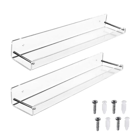 2Pcs Acrylic Floating Shelves Transparent Bathroom Wall Shelf Office Bookshelf for Bathroom Kitchen Bedroom